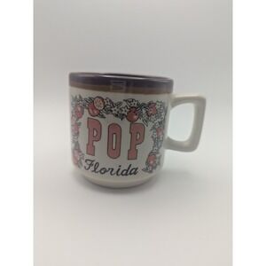Vintage POP Florida Orange Blossom Souvenir Stoneware Coffee Mug Brown Rim Cream